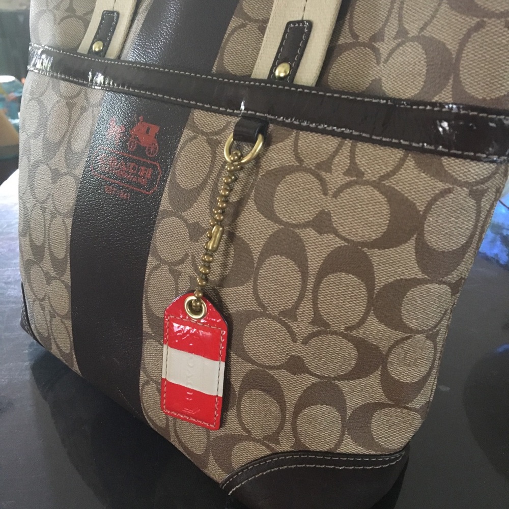 Coach Heritage Stripe Tan and Brown Signature Tote